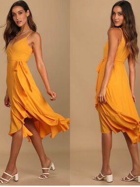 Spaghetti Strap Wrap Midi Dress in Bright Yellow